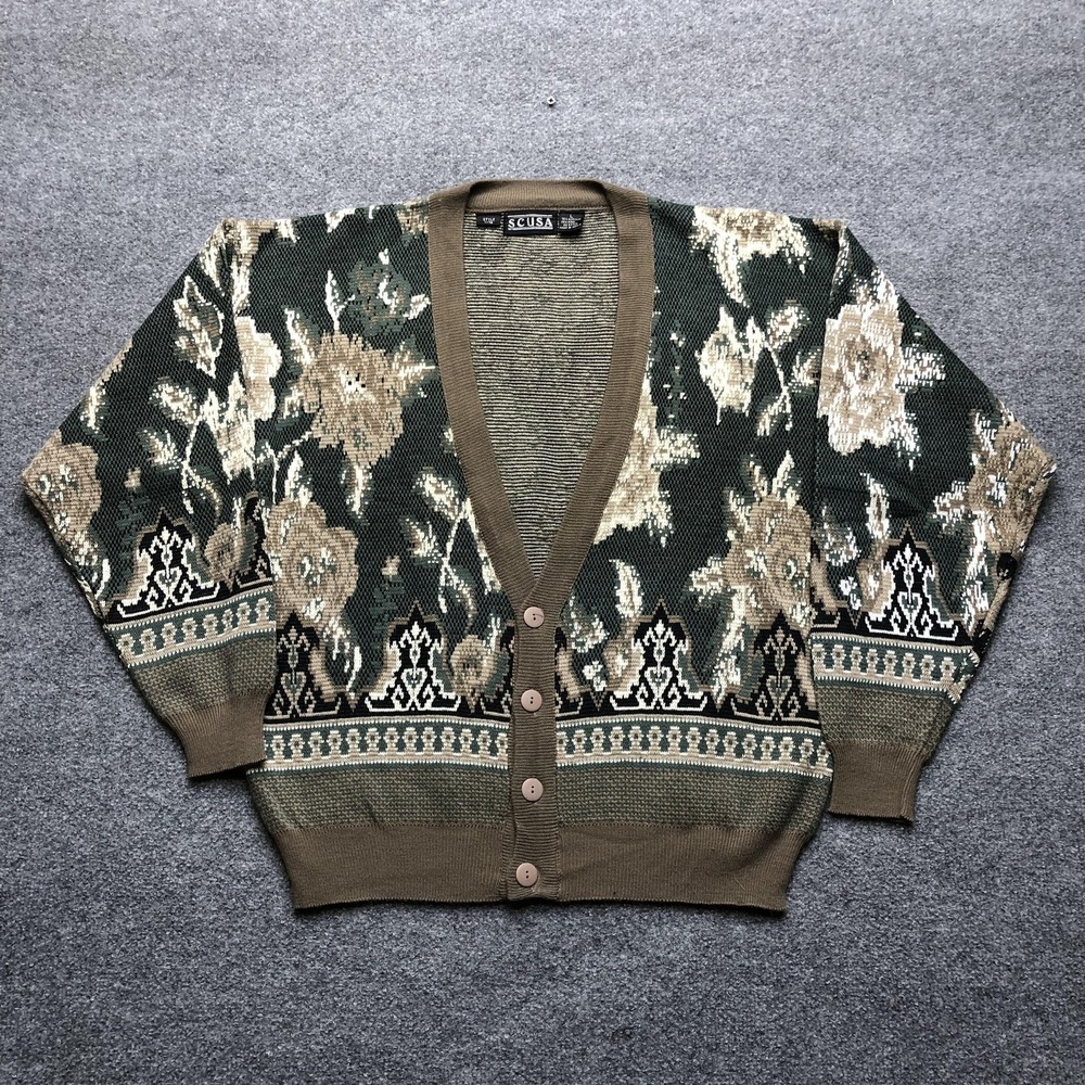 Vintage SCUSA Cardigan Sweater Womens Large Green Floral Knit Button Up